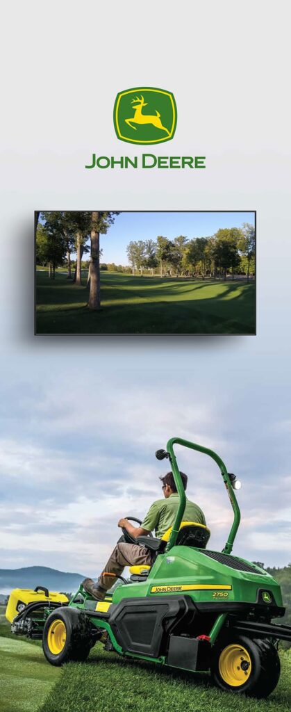 Stylized image of a TV showcasing a golf course above some one mowing with a John Deere mower.