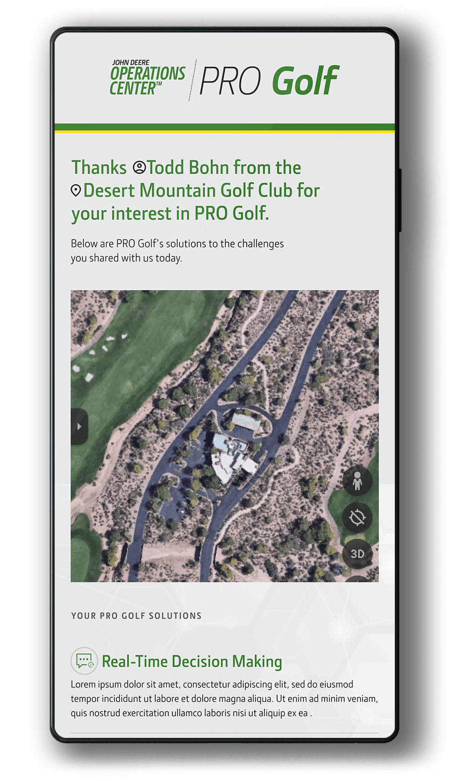 Pro Golf chat with an arial photo on a mobile device.