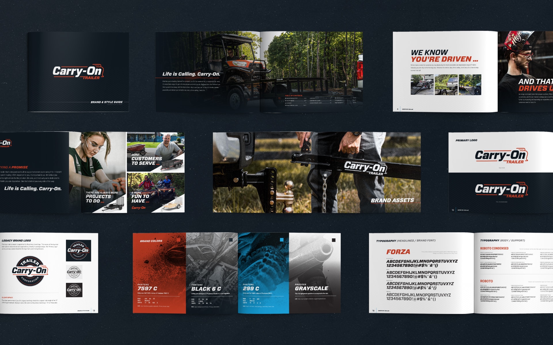Collage of the new Carry-On trailer branding on digital and printed products.