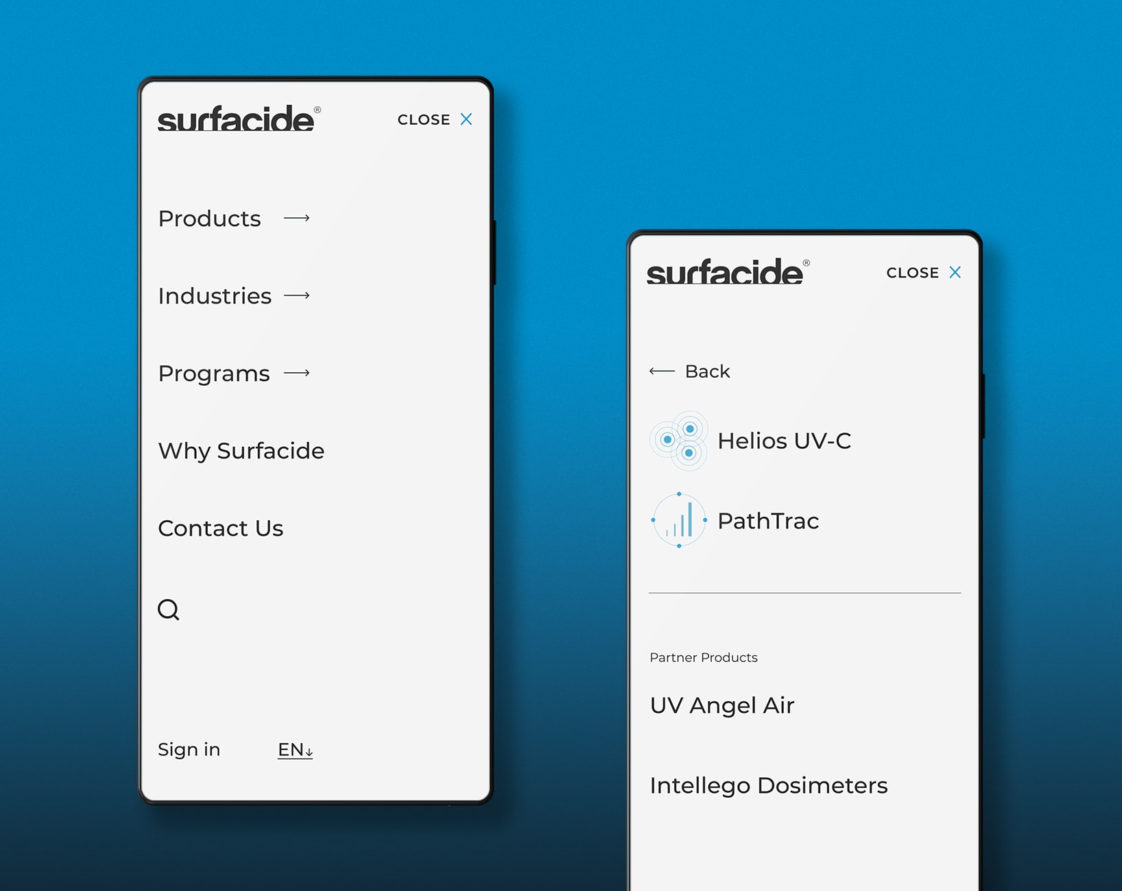 Examples of the Surfacide site on a smartphone