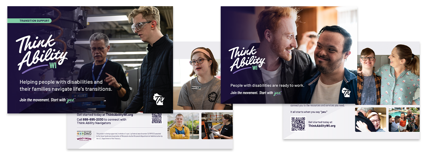 Stylized collage of examples of branding for Think Ability